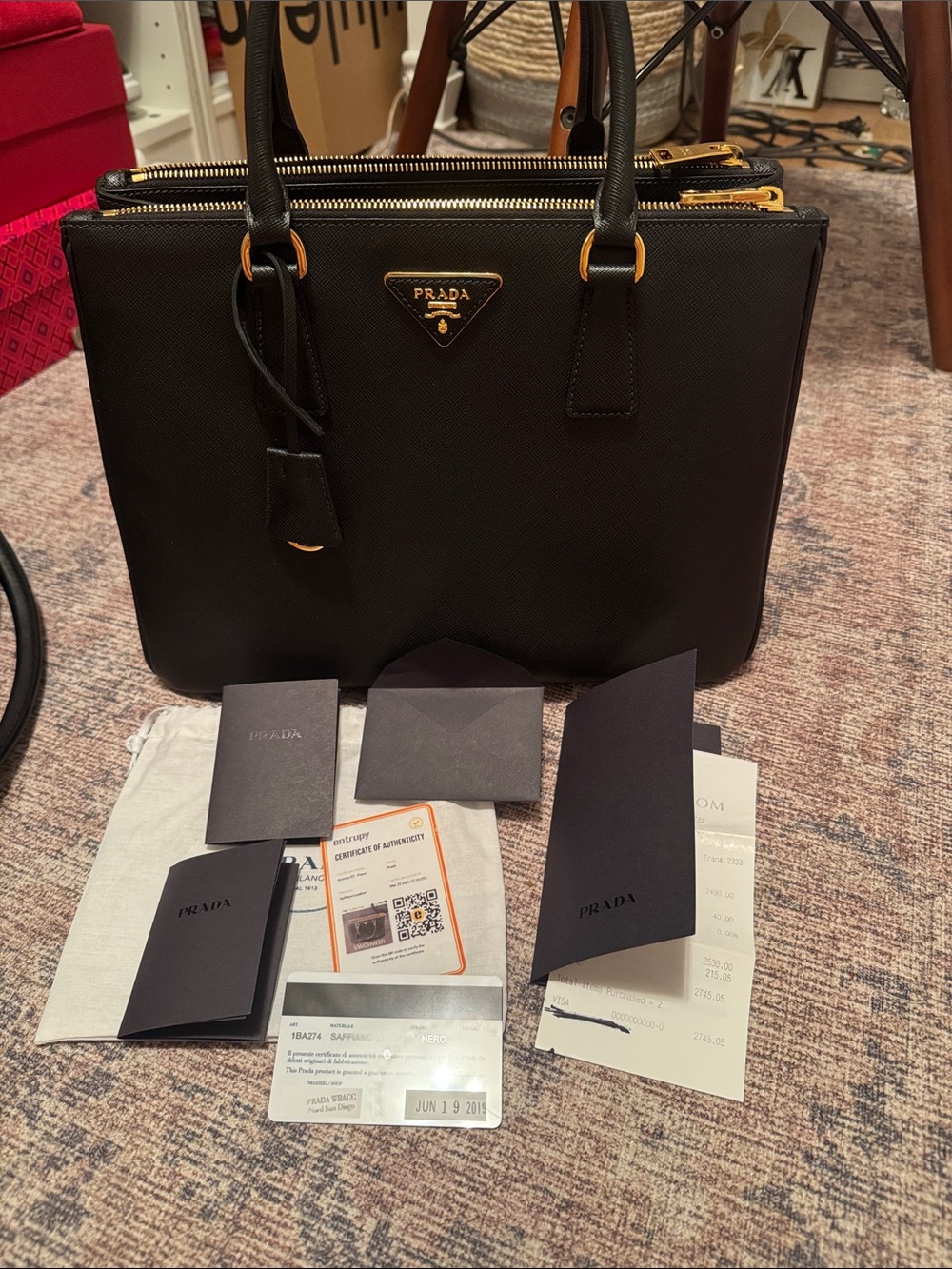Prada Black Saffiano Leather Double-Zip Tote with Gold Hardware